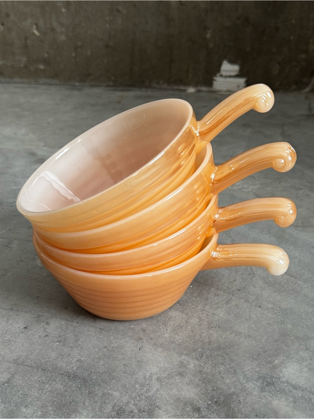 Vintage Fire King Oven Ware Peach Ceramic Soup Bowls with Handle - Set of 4